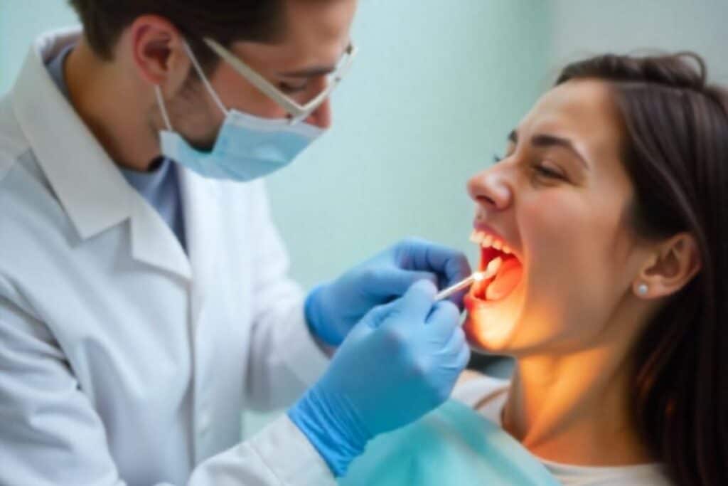 Dentist examining a patient's gums for signs of early gum disease.